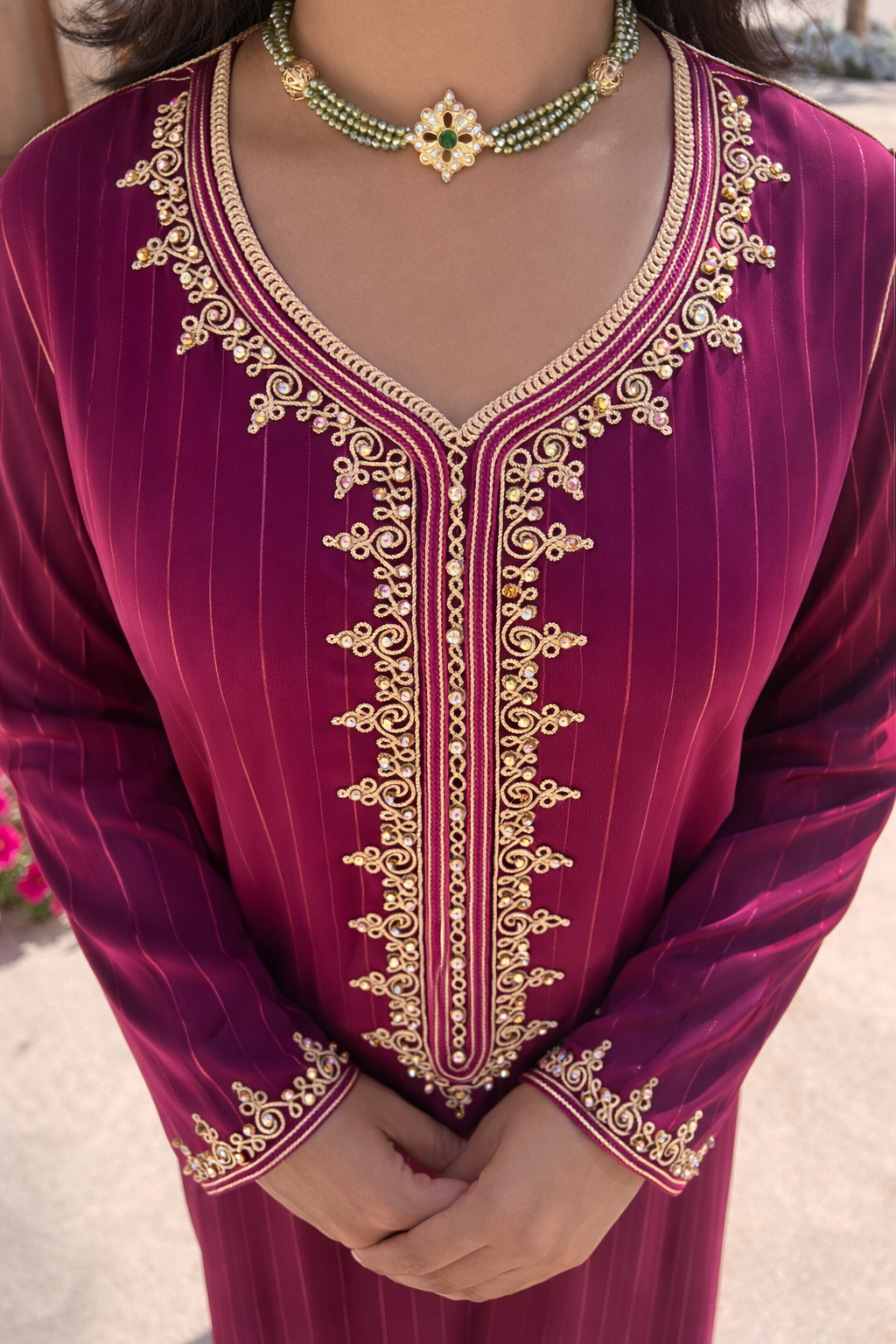 Close-up of the subtle vertical shimmer and fluid fabric of the Velvet Amaranth kaftan.