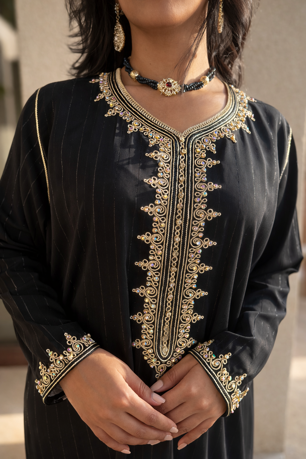Close-up of the ornate gold thread and crystal embroidery on the neckline of the black Maison Nelya abaya.