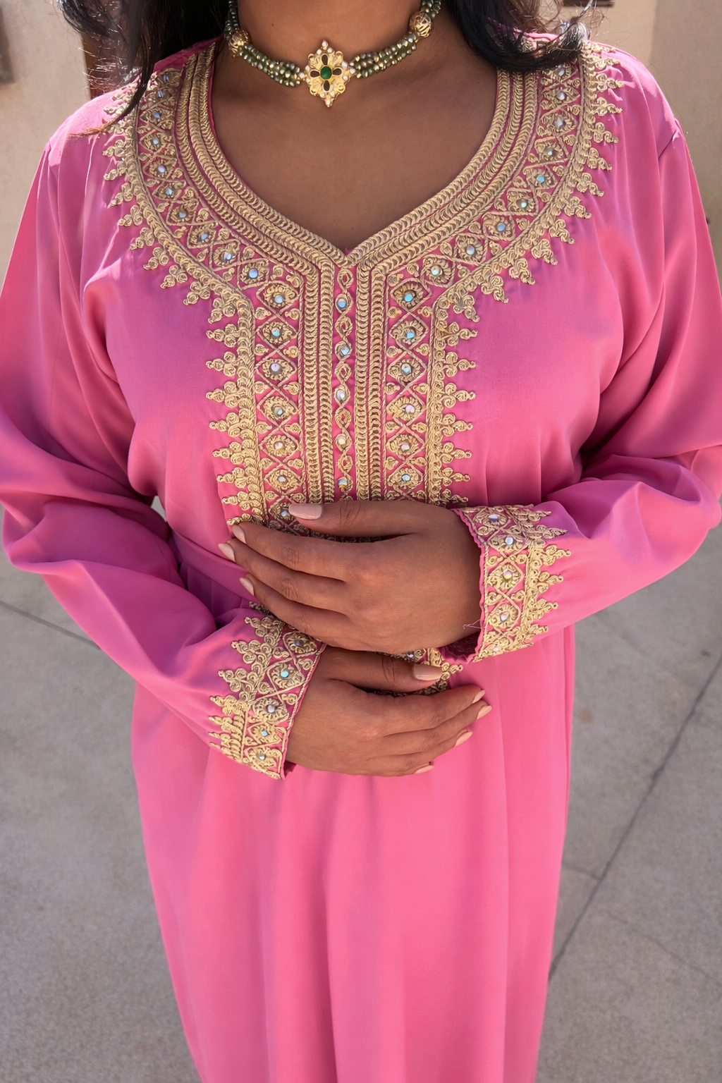 Close-up of the adjustable waist belt and intricate gold thread-work on the Maison Nelya Rose Opulence Kaftan.